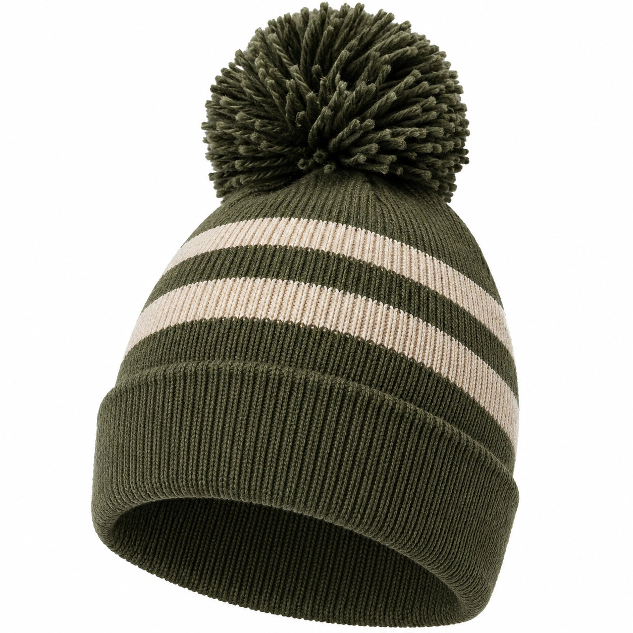 Warme Bommelmütze mit Streifen in Oliv und Beige