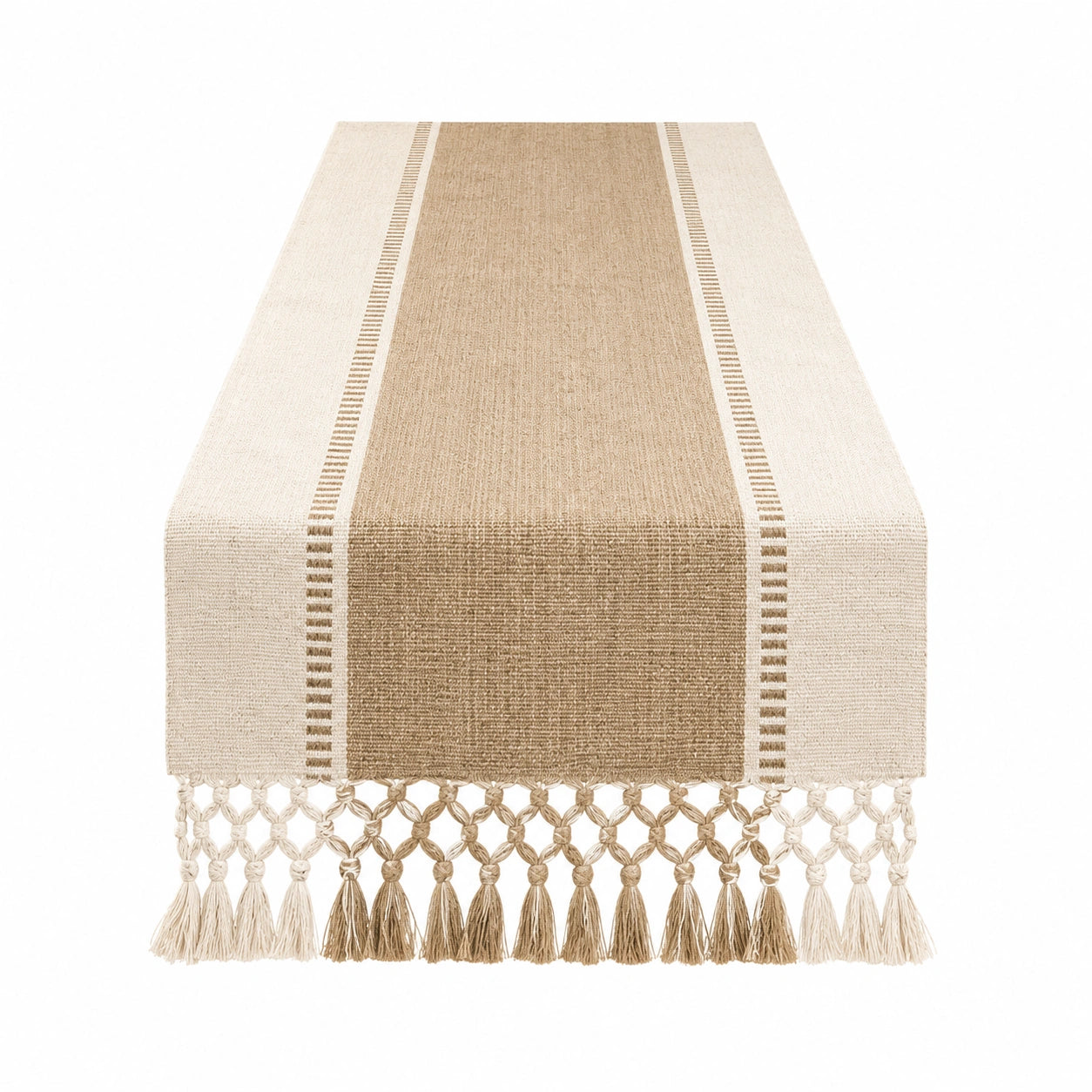 Tischläufer Gestreift mit Fransen Beige Creme 180x40cm