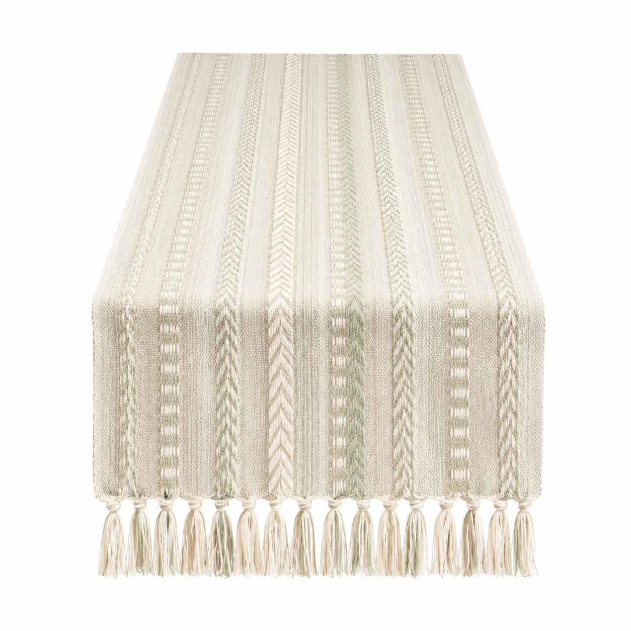 Eleganter Tischläufer mit Fransen in Beige und Grün 180x35cm