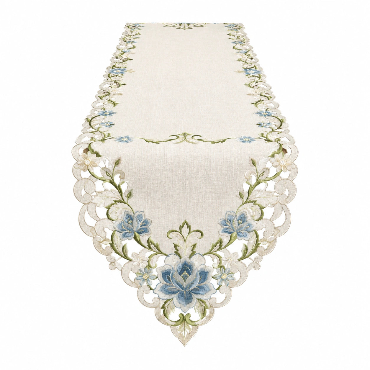 Tischläufer mit Blumenstickerei 140x40cm Beige/Blau