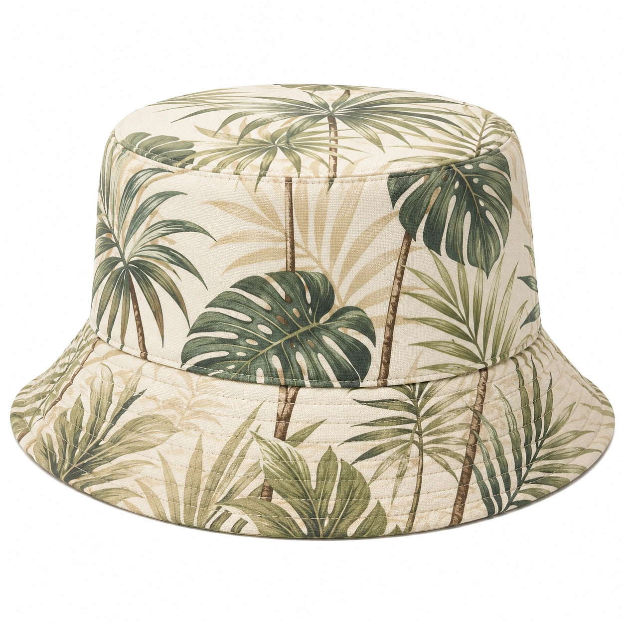 Tropischer Fischerhut mit Palmen- und Monstera-Motiven in Beige/Grün
